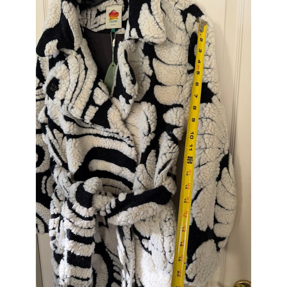 NWT FARM Rio Hearts & Bananas Fleece Coat Black White Belted Wool Blend Size S - Picture 4 of 7